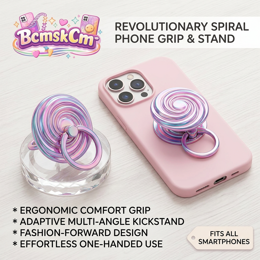 BcmskCm™ Spiral Phone Grip and Ring Stand, Iridescent Metallic Expandable Phone Holder with Adaptive Multi-Angle Kickstand, Ergonomic 360° Rotation Finger Ring Stand for iPhone, Samsung, & All Smartphones
