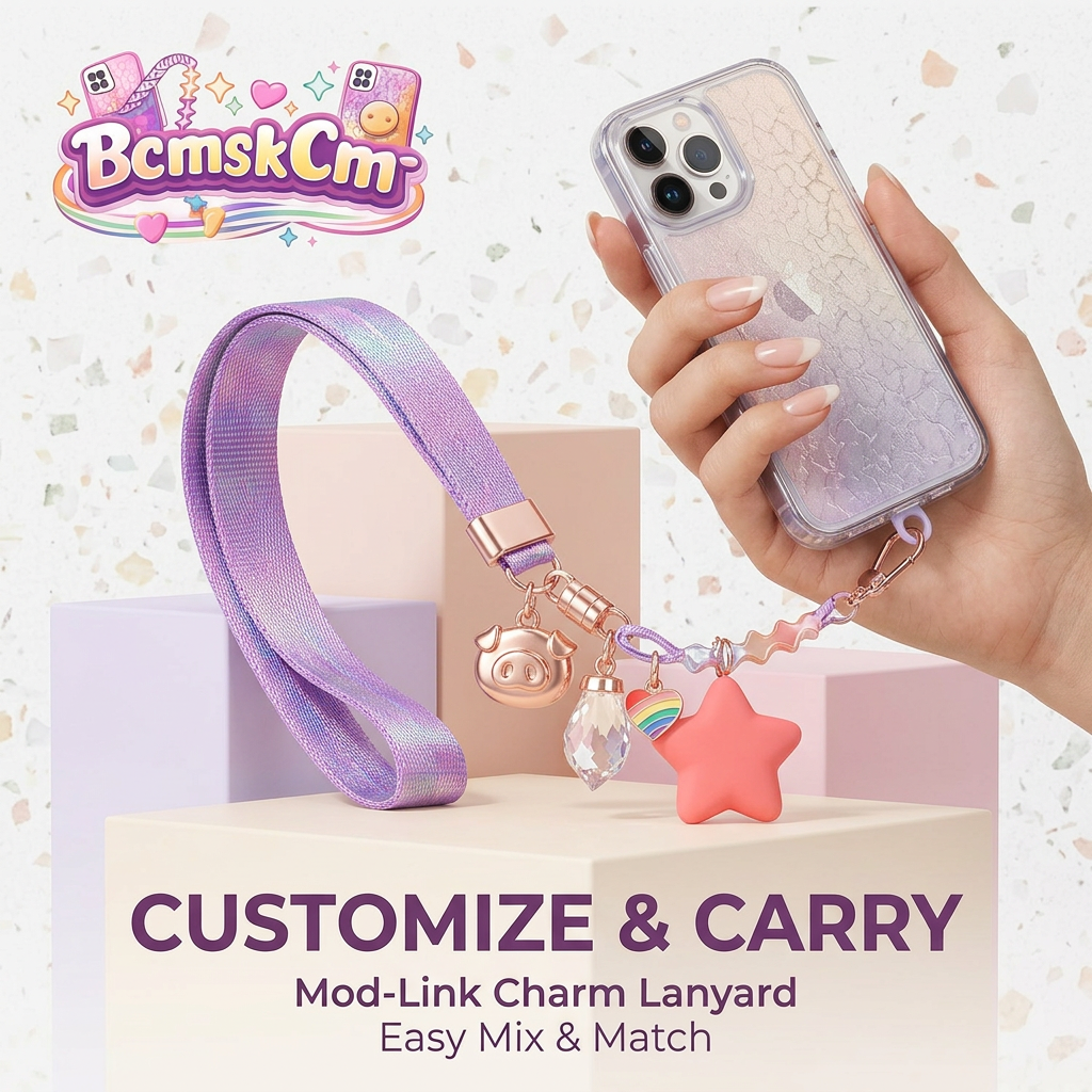 BcmskCm™ Custom Charm Phone Lanyard Wrist Strap - Cute Y2K Iridescent Phone Strap with Mix-and-Match Charms, Rose Gold Hardware, Anti-Lost Hand Wristlet Chain for Women and Girls