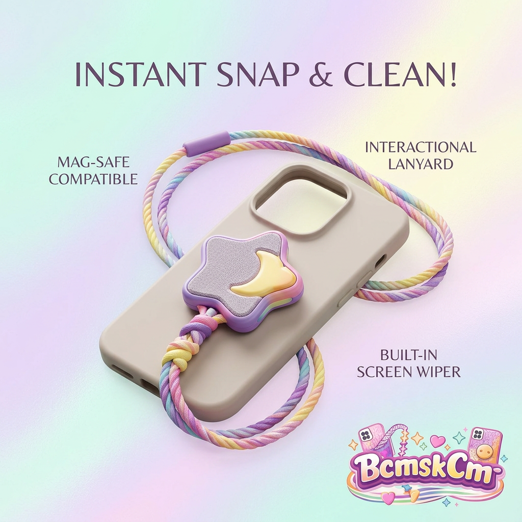 BcmskCm™ MagSafe Compatible Phone Lanyard with Built-in Screen Wiper | 2-in-1 Magnetic Cute Star Phone Strap, Pastel Rainbow Braided Wrist Cord, Microfiber Screen Cleaner Phone Grip Accessory for iPhone 16 15 14 Pro Max