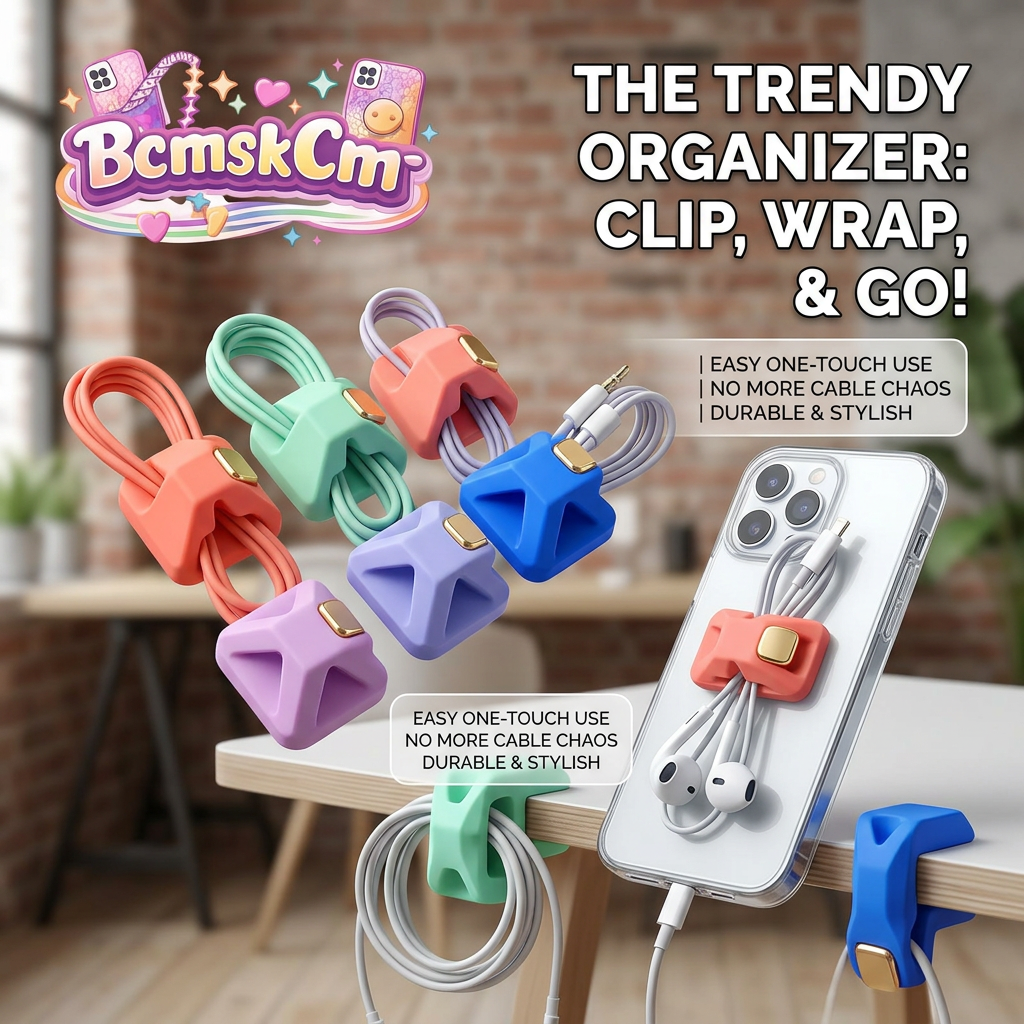 BcmskCm™ Magnetic Cable Organizer & Cord Holder - Multi-Functional Silicone Cable Clips for Desk, Phone Case Cord Keeper, Tangled-Free Earphone Wrap, Stylish Desktop Wire Management for Charger, USB Cables, Home, Office & Travel