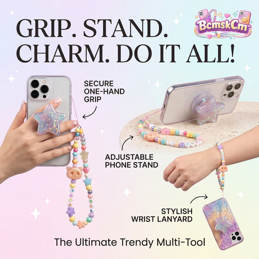 BcmskCm™ 3-in-1 Glitter Star Phone Grip and Beaded Wrist Lanyard Set, Cute Kawaii Y2K Phone Charm Strap & Collapsible Finger Holder Kickstand, Anti-Drop Hand Loop Chain for iPhone, Samsung, & Most Cases