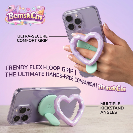 BcmskCm™ Heart Phone Grip and Kickstand, Cute 3D Faceted Heart Ring Holder with Flexible Silicone Strap, Multi-Angle Desk Stand, Anti-Drop Comfort Loop Grip for iPhones and Smartphones