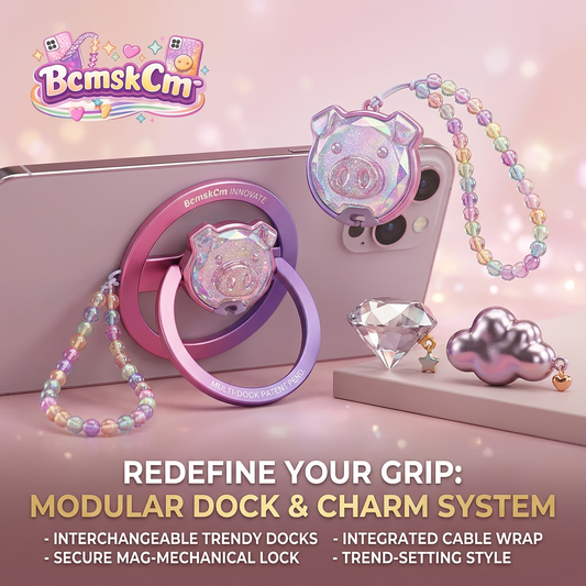BcmskCm™ Modular Magnetic Phone Grip & Interchangeable Charm System | Mag-Mechanical Lock Ring Holder with Beaded Wrist Strap, Glitter Pig, Diamond & Cloud Charms | Y2K Aesthetic Phone Stand & Cable Organizer
