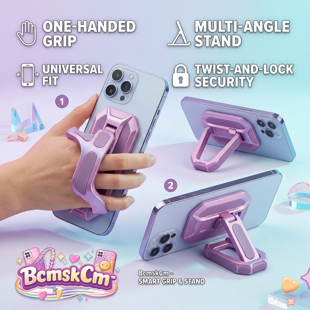 BcmskCm™ 2-in-1 Phone Grip & Multi-Angle Kickstand, Ergonomic One-Handed Smartphone Holder with Twist-and-Lock Security, Universal Fit Phone Stand Loop for iPhone, Samsung, and Android, Metallic Purple