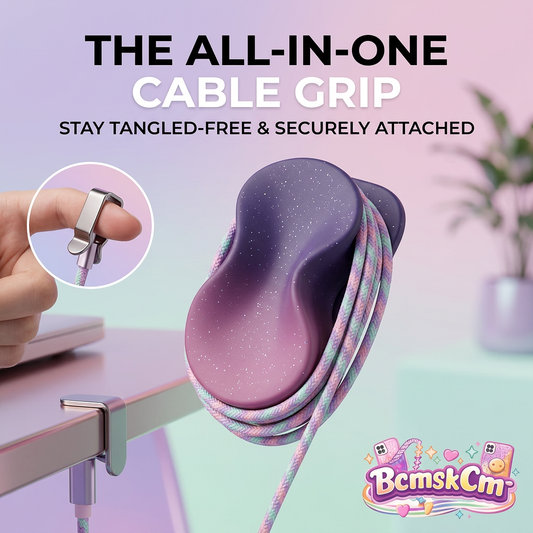 BcmskCm™ All-in-One Cable Grip, Cute Glitter Pastel Cable Organizer & Cord Winder with Metal Desk Edge Clamp & Wearable Finger Ring Guide Clip, Multi-Functional Cable Management for Phone Charging Cables, Laptop Wires & Office Desks